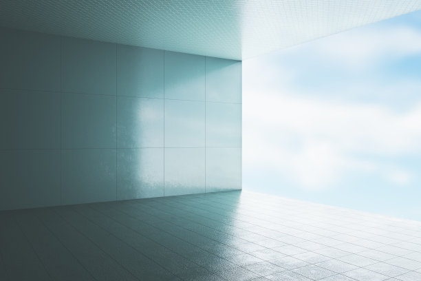 空的空白混凝土内部明亮的日光和模拟的地方在墙上。画廊和生活理念。天空视图。3 d渲染。图片下载