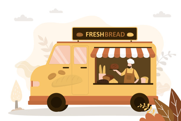 货车里的人在卖烘焙食品。与卖家的快餐车。面包房，有各类不同类型的面包图片下载