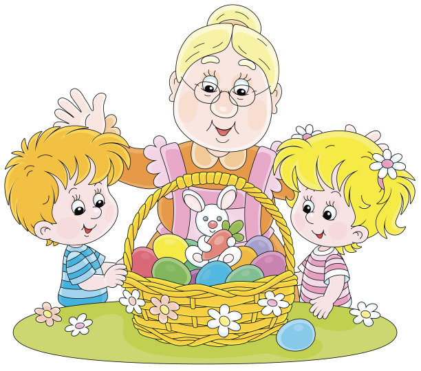 快乐的奶奶和孩子们带着复活节篮子图片下载