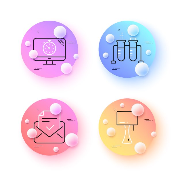 批准邮件，化学烧杯和台灯最小的线图标。对于web应用，打印。向量图片下载