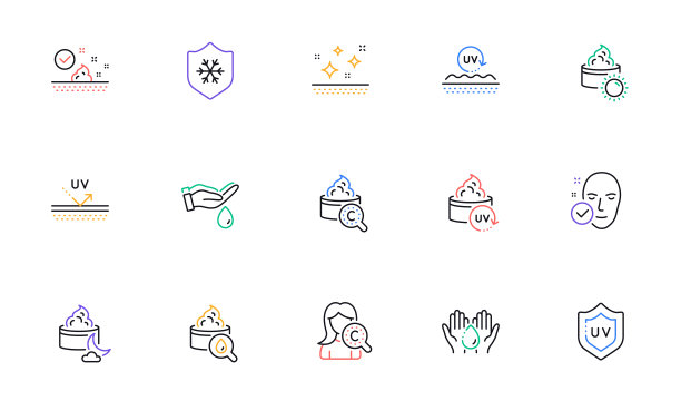 皮肤护理线图标。胶原蛋白，乳霜，精华油和护肤品。线性集。向量图片下载