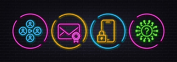 视频会议，验证邮件和锁定最小的线图标。对于web应用，打印。氖激光三维光矢量图片下载