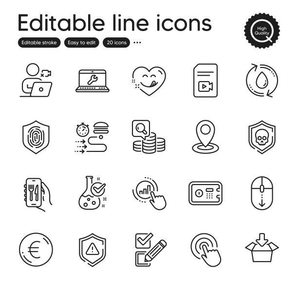 技术轮廓图标集：笔记本电脑维修、欧元、视频文件元素等矢量素材图片下载