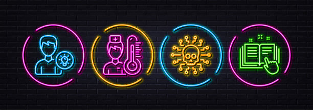 网络攻击，温度计和人的想法最小的线图标。对于web应用，打印矢量图片下载