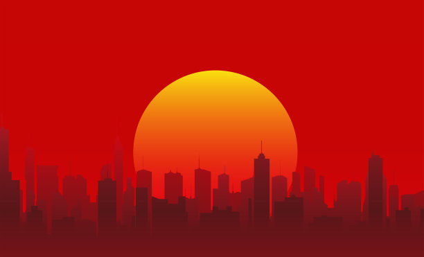 未来城市的剪影，红色天空背景下的摩天大楼和夕阳图片下载