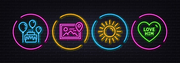 照片位置，蛋糕和太阳最小的线条图标。对于web应用，打印。氖激光3d灯。向量图片下载