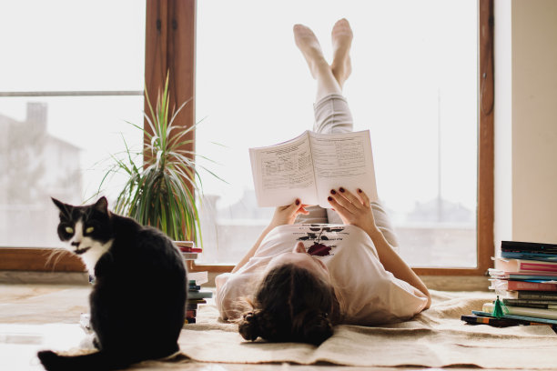 冠状病毒隔离。在线培训教育和自由职业。猫和女孩远程学习。冠状病毒大流行世界。保持社会距离，在家工作，居家观念，家庭办公室。素材图片