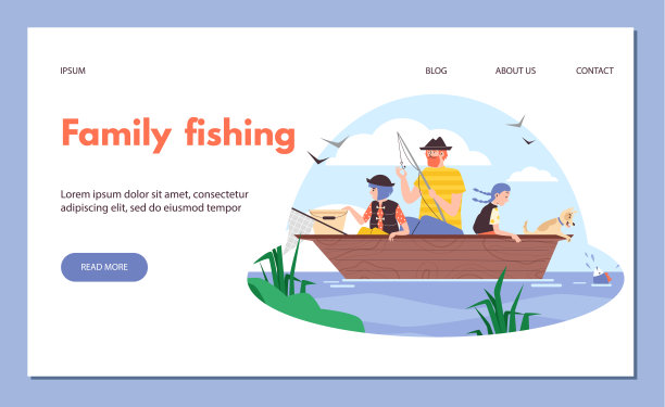 家庭钓鱼网站与父亲和孩子，平面矢量插图。图片下载
