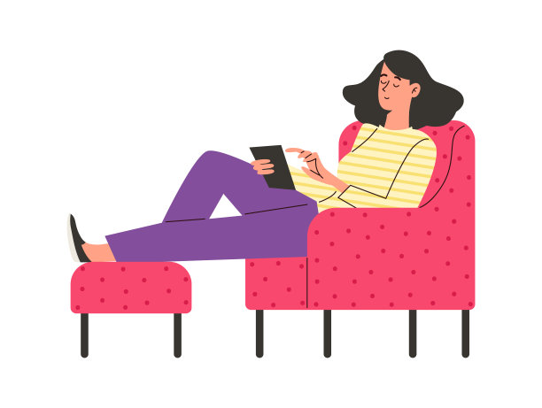 坐在椅子上的女人用平板电脑上网，平面矢量插图孤立。图片下载