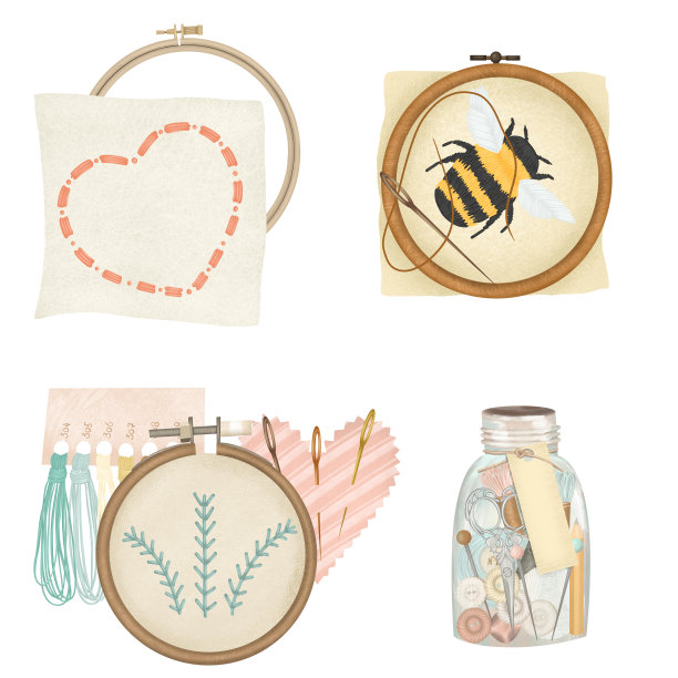 集刺绣图形元素，刺绣环和集刺绣配件和属性，手绘插图在白色背景图片下载