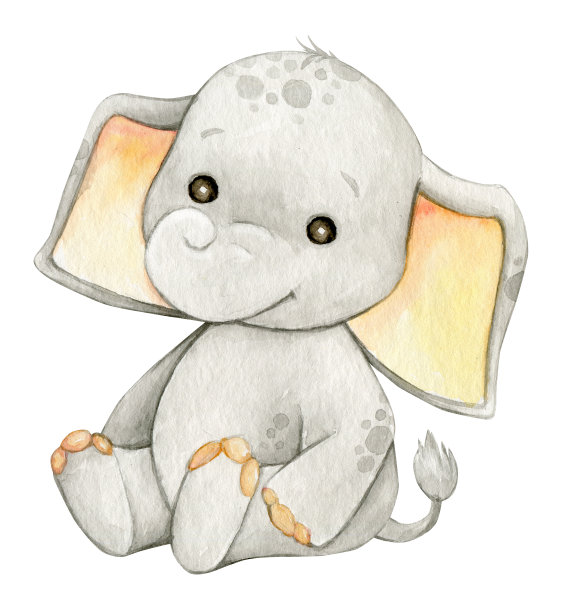 可爱的大象,坐着。在一个孤立的背景上，卡通风格的水彩动物。图片下载
