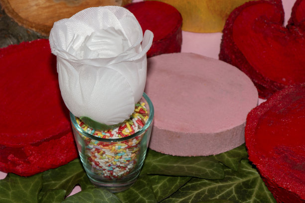 杯子用装饰糖和花和画的树桩叶，自然的艺术背景创意设计图片下载