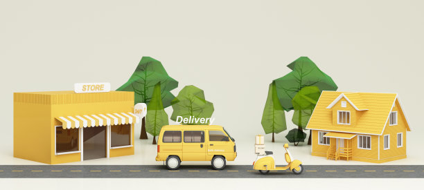 电子商务概念，从店面到家庭的送货服务，货车、卡车和摩托车的运输配送和产品包装，礼品盒，树低多边形黄色调3d渲染图片下载
