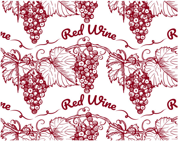 手绘红葡萄酒图案与波尔多葡萄和叶子的分枝孤立在白色背景上。轮廓画酒精饮料图片下载