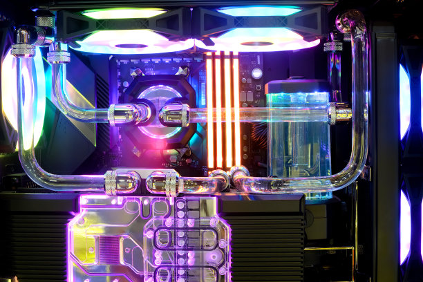 特写和内部高性能定制电脑桌面，安装在CPU处理器上的水冷块和彩色LED霓虹灯显示工作图片下载