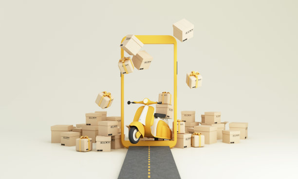电子商务理念，移动应用快递服务，电单车快递，手机短信快递，产品包装，礼品盒，道路黄色调3d渲染图片下载