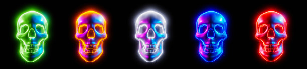 发光的头骨，彩色，赛博朋克或科幻小说或科幻电影的浅色背景黑色。3 d渲染。图片下载