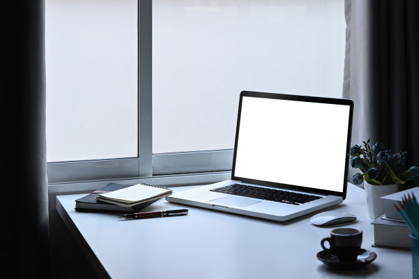 现代的工作场所，白色的桌子上有笔记本电脑、咖啡杯、笔记本和花盆。图片下载