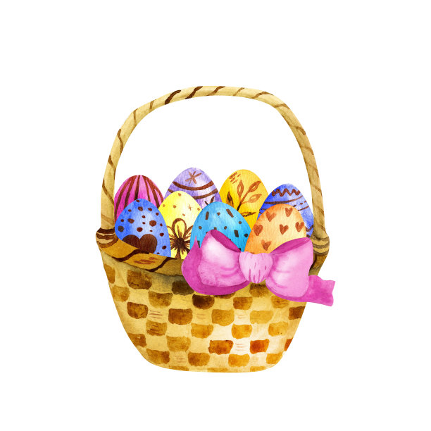 水彩画复活节快乐篮子彩绘彩蛋。孤立的白色背景。伟大的节日插图。图片下载