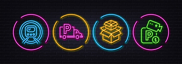 包装盒，卡车停车场和地铁最小的线路图标。对于web应用，打印矢量图片下载