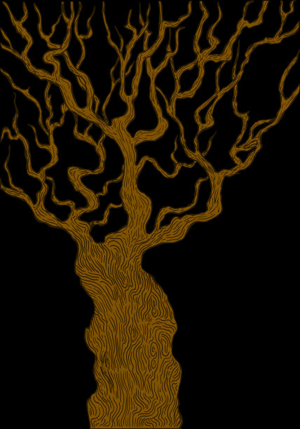 橡树褐色树干，孤立在黑色背景上。超现实主义的时尚卡。装饰树矢量手绘插图图片下载