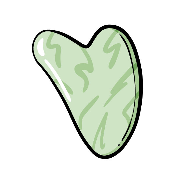 刮痧按摩刮刀，软玉绿玉石脸部瑜伽工具，面部按摩，传统亚洲穴位按摩器，涂鸦卡通矢量插图孤立在白色上。图片下载