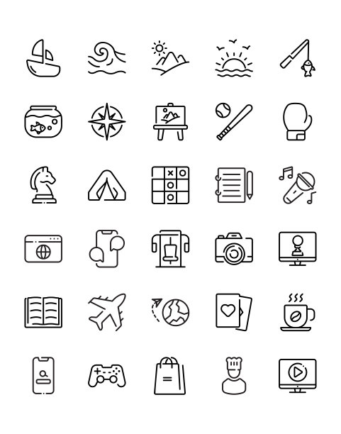业余爱好和自由时间图标设置30孤立在白色背景上图片下载