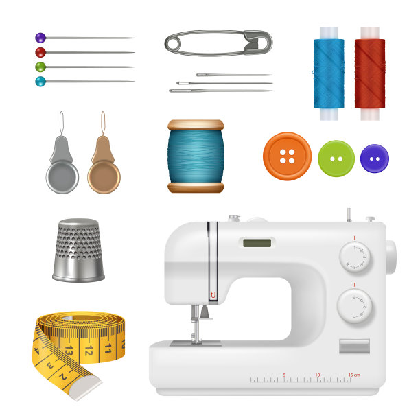 缝纫机。现实的裁缝套件缝纫专业生产收集元素针，线，针厘米象样矢量图片集图片下载