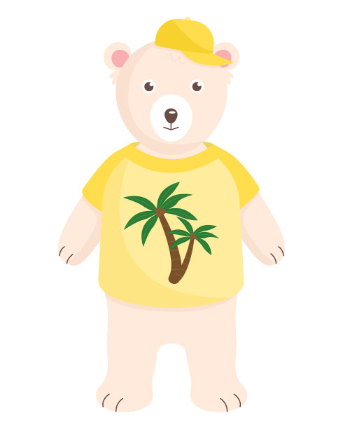 可爱的北极熊穿着黄色的t恤和帽子。孤立的图像。矢量图图片下载