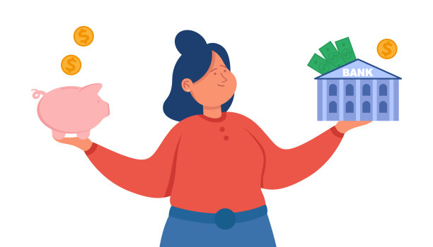 卡通女孩拿着银行和存钱罐图片下载