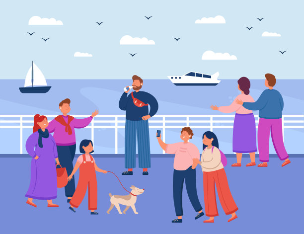 不同的卡通人物沿着码头或海边漫步图片下载