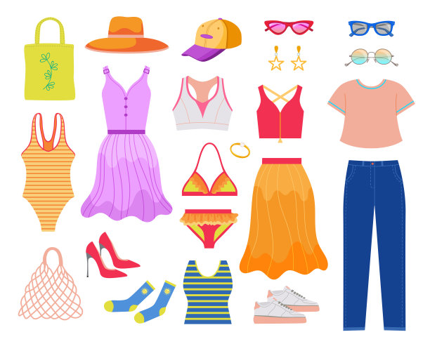 时尚女性夏天的衣服平坦向量插图集图片下载