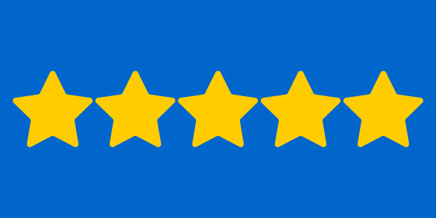 星星是黄色的，在蓝色的背景上。网站评级，酒店，旅游套餐，网上商店，评论。向量。图片下载