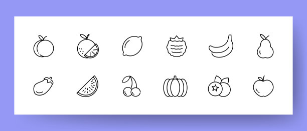 水果和蔬菜图标设置。西瓜，茄子，香蕉，南瓜和苹果的图标。健康食品的概念。卫生保健。向量EPS 10图片下载