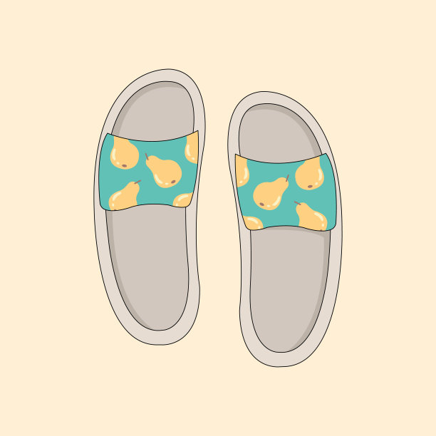 涂鸦人字拖孤立的插图。可爱的人字拖矢量图标与梨打印。黄色背景的梨子图案人字拖。图片下载