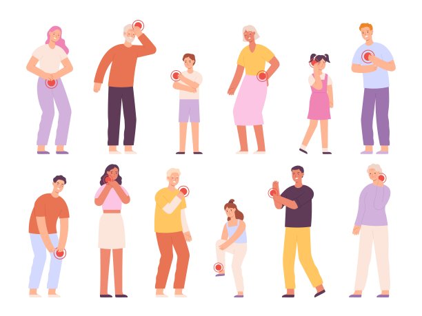 悲伤的成年人，老人和孩子的脖子，胃和头痛。卡通人物受伤的背部，手腕，喉咙和胸部向量集图片下载