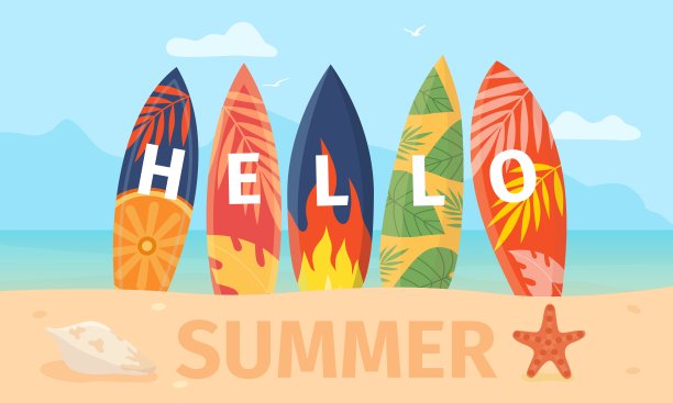 沙滩上冲浪板的卡通夏日海报。热带岛屿景观与沙滩游泳板。冲浪度假矢量概念图片下载