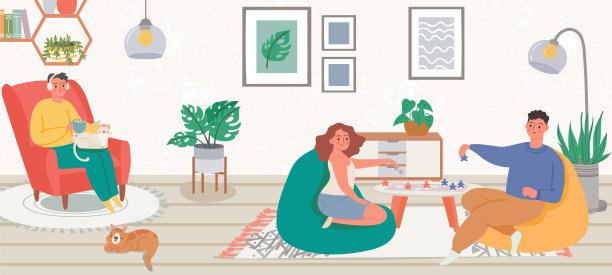 家人一起在家里度过时光。男人和女人坐在桌子旁，在客厅玩棋盘游戏图片下载