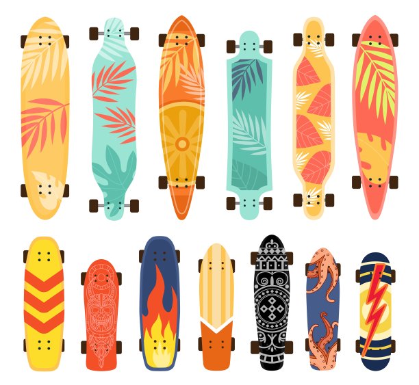 滑板底部印有火焰，热带树叶和图案的设计。城市街道运动板设备。卡通滑板矢量集图片下载