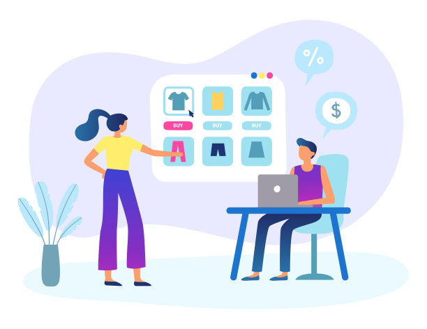 人们在网上购物。一个男人坐在桌前，拿着笔记本电脑。女人看着屏幕上的衣服，选择服装图片下载