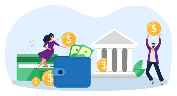 资金转移的概念。一个女人坐在信用卡上取钱。钱包与美元钞票和硬币图片下载