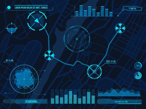 Hud导航地图网络设计的目标，图表和图表。未来UI城市街道路线图gps定位应用矢量模板图片下载