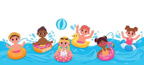 带着充气环的卡通儿童在海浪上游泳。池排球。孩子们享受夏日沙滩水上游泳活动矢量概念图片下载