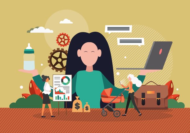 母亲老板照顾孩子和在家工作。工作生活平衡，平面矢量插图。图片下载