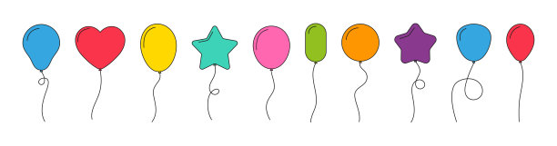 气球。带线的扁平气球。卡通风格的气球。生日和派对的气球。用绳子放飞气球。蓝色、红色、黄色和绿色球孤立在白色背景上。向量图片下载
