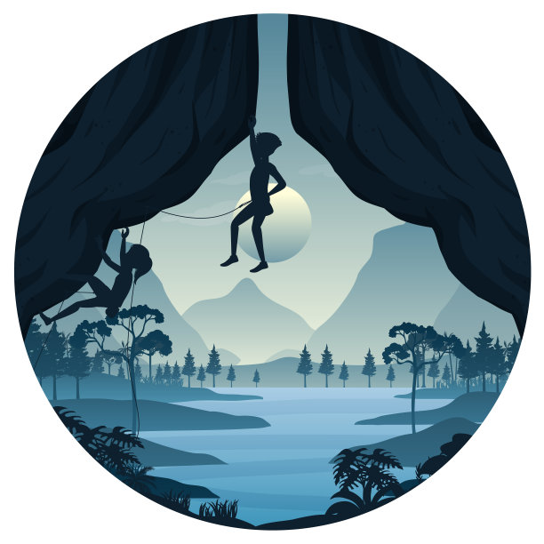 人们在圆形画板上攀登岩石山的场景图片下载