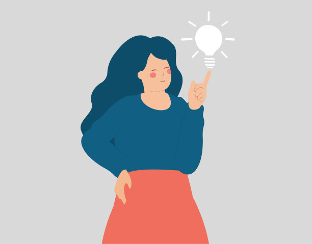 聪明的女人有商业想法，看起来很自信。快乐的女企业家用食指指着头上的灯泡。创意、创新、解决方案和思维。图片下载