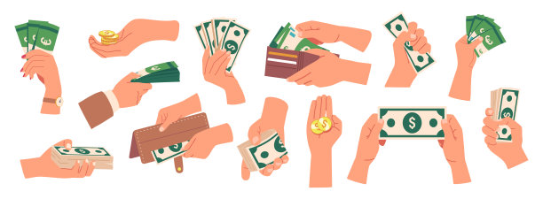 一套手握钱，人的手掌收集现金，黄金硬币，钱包充满钞票，纸美元钞票图片下载