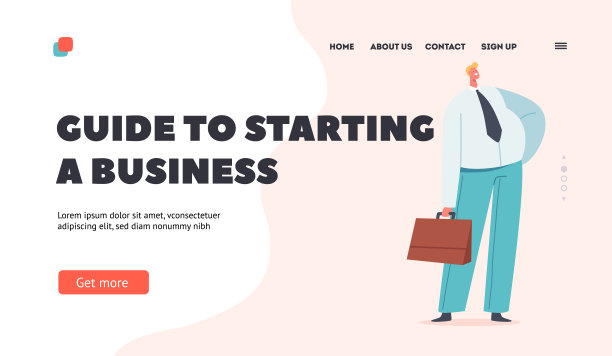启动业务着陆页模板指南。微笑的肥胖自信的商人，男性角色经理，职员图片下载
