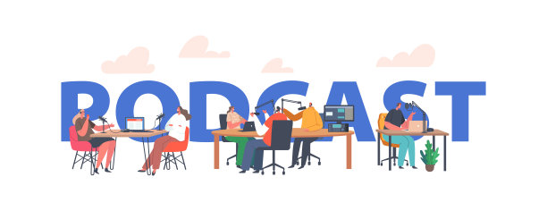 播客概念。人们坐在桌子旁，拿着麦克风和电脑，说话，在电台采访嘉宾图片下载